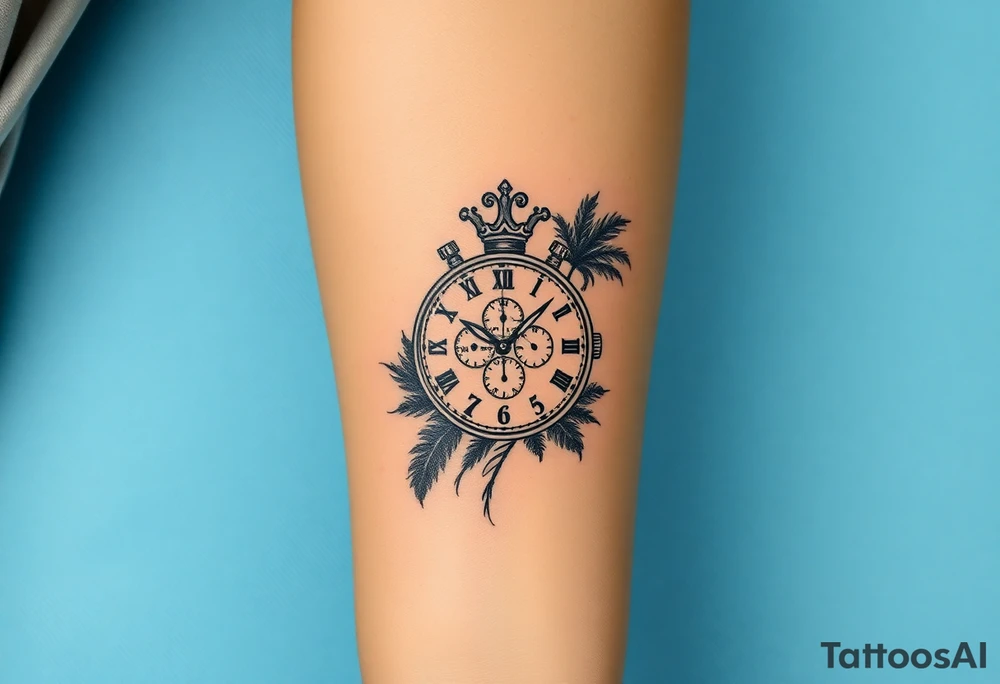 Hazme un tatuaje en el antebrazo que tenga un fondo de playa con palmeras le siga un reloj rompiéndose con un balón de fútbol con relieve con una corona y que encima del tatuaje ponga el tiempo De Dios es perfecto con una fuente en cursiva y negrita tattoo idea