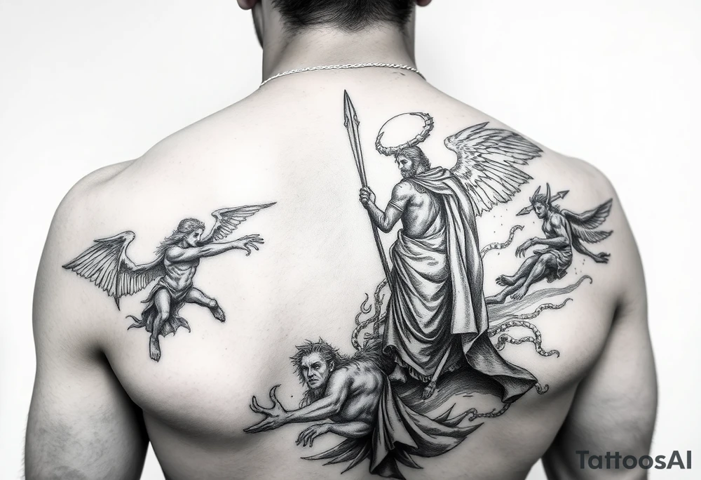 A battle between angels and demons while a father guides his son through the path of life showing battle wounds on back on his way to the gates of heaven tattoo idea