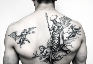 A battle between angels and demons while a father guides his son through the path of life showing battle wounds on back on his way to the gates of heaven tattoo idea