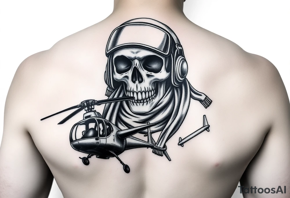Skull in flying helmet and scarf over a puma helicopter and a wessex helicopter with shading to fit forearm tattoo idea