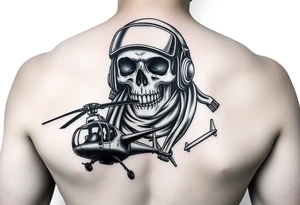 Skull in flying helmet and scarf over a puma helicopter and a wessex helicopter with shading to fit forearm tattoo idea