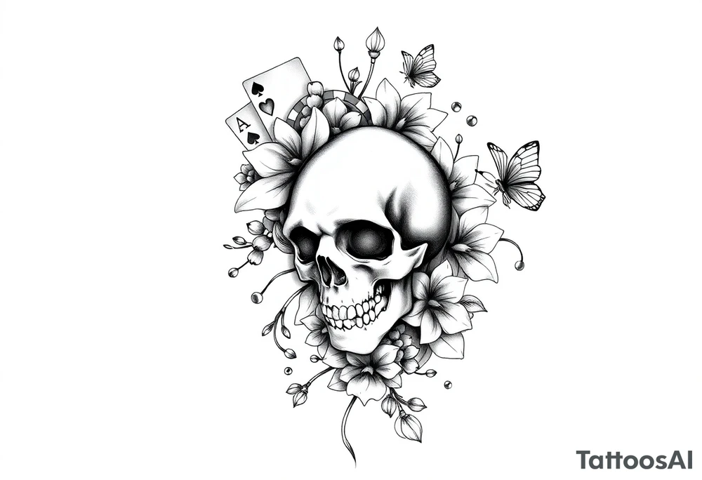 Casino only theme , poker chips deck of cards dice a skull with lily flowers
 with raindrop swirls and butterfly’s tattoo idea