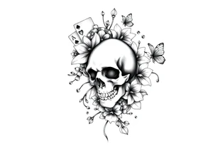 Casino only theme , poker chips deck of cards dice a skull with lily flowers
 with raindrop swirls and butterfly’s tattoo idea