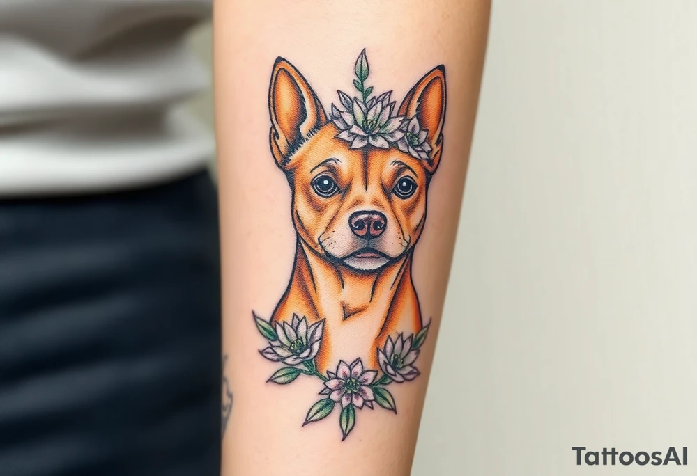 tan staffie with succulents and flowers surrounding her head tattoo idea