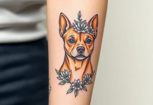 tan staffie with succulents and flowers surrounding her head tattoo idea