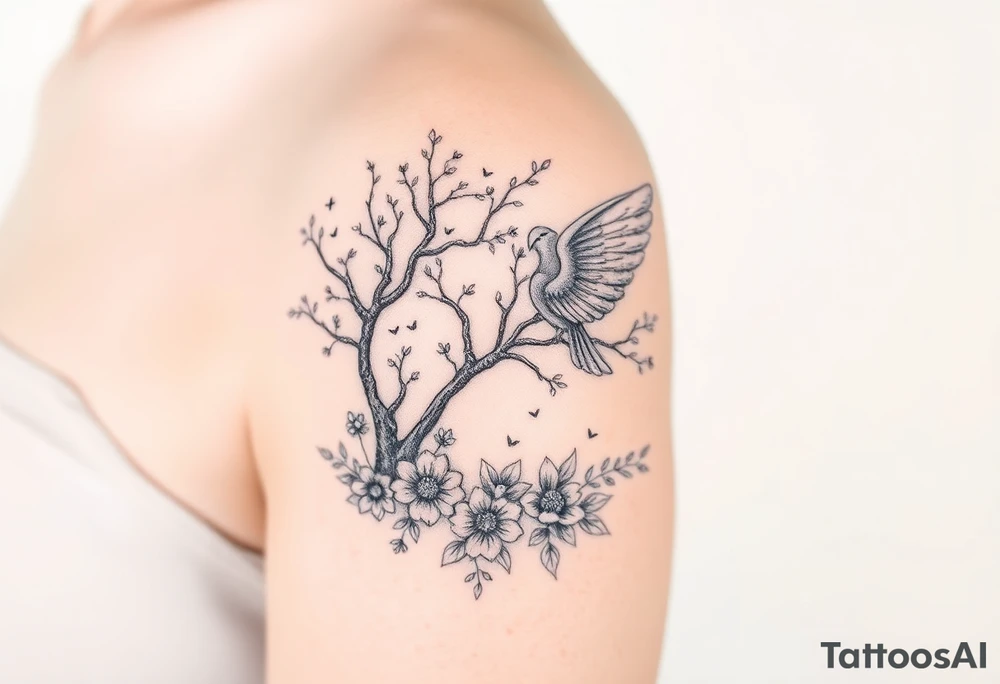 Angelic scene with tree, birds and flowers tattoo idea