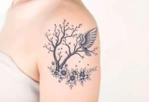 Angelic scene with tree, birds and flowers tattoo idea