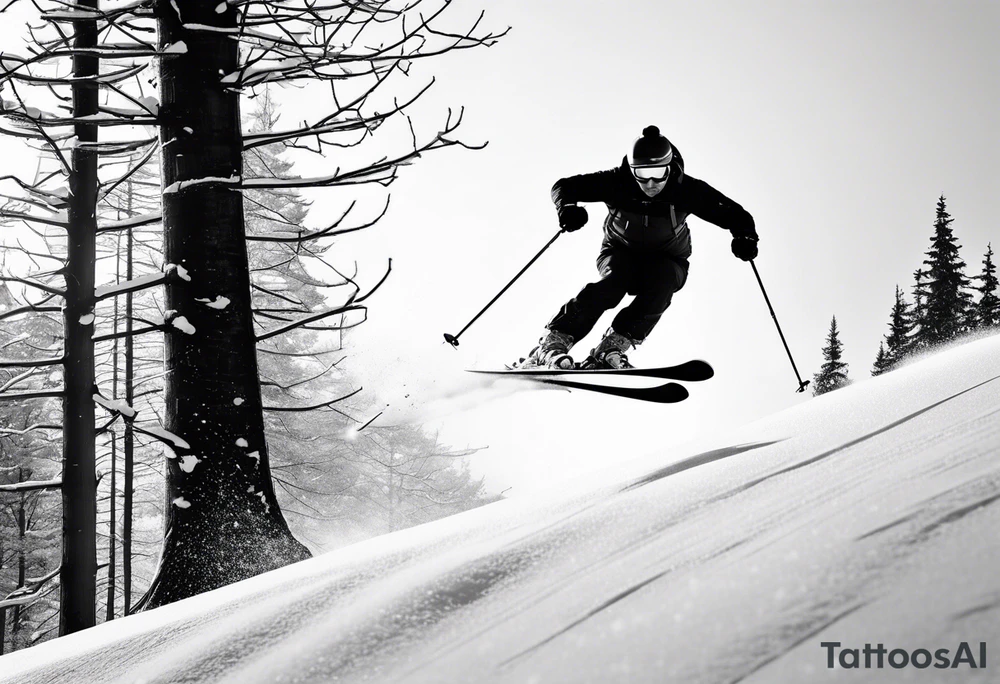 minimalist tattoo of a snow skier sking through trees showing ski trail tattoo idea