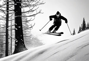 minimalist tattoo of a snow skier sking through trees showing ski trail tattoo idea