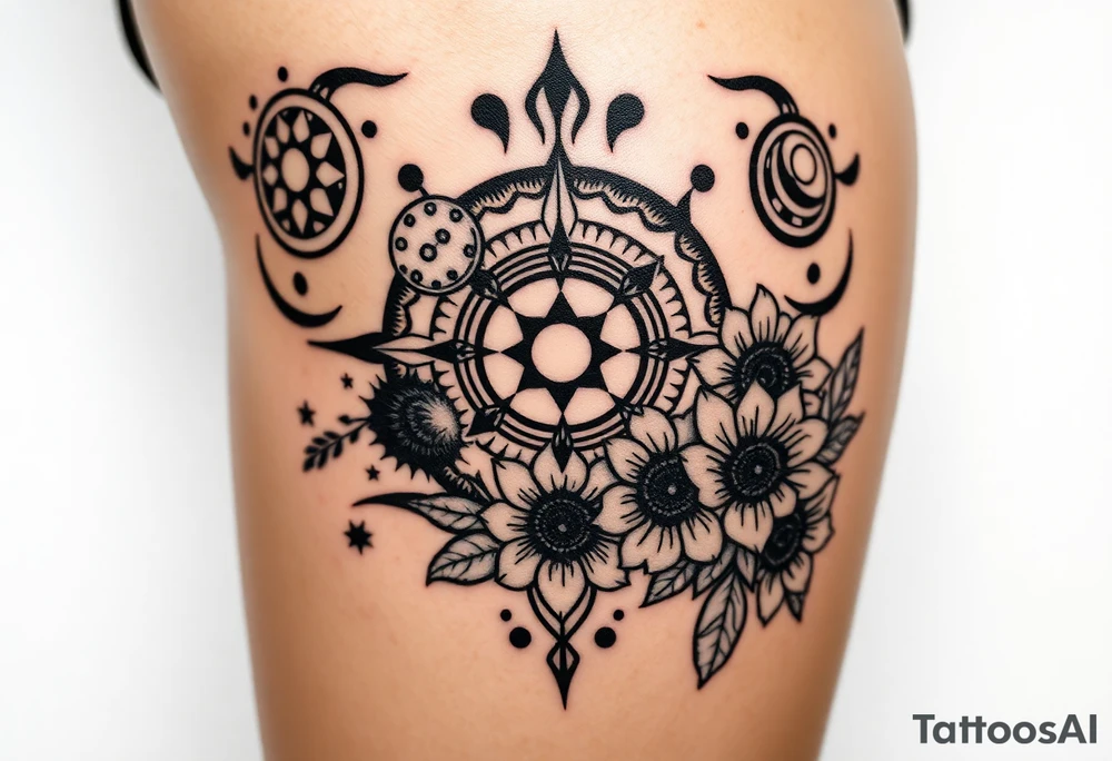 Milky way galaxy with planets with zodiac symbols and protection runes in it with tigerlillies roses and sunflowers tattoo idea