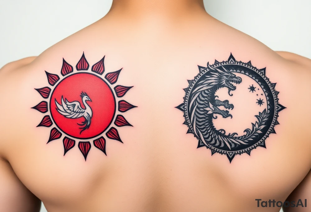 Ultra-thin black and red tattoo band, Greek meander pattern with neo-tribal spikes. Left: red sun with angular phoenix. Right: black moon with dragon-ouroboros. Hidden Bagua trigrams. Clean line art, seamless repeat, NO background tattoo idea