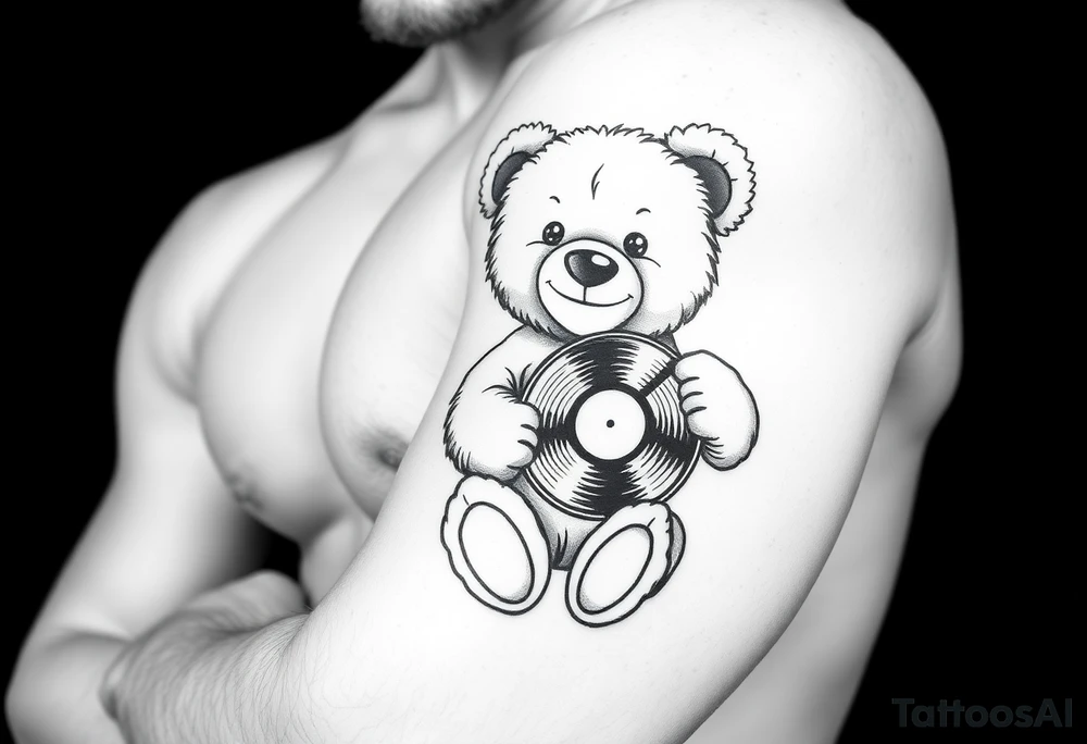 minimalist teddy bear smiling and holding a vinyl record tattoo idea minimalist teddy bear smiling and holding a vinyl record tattoo idea
