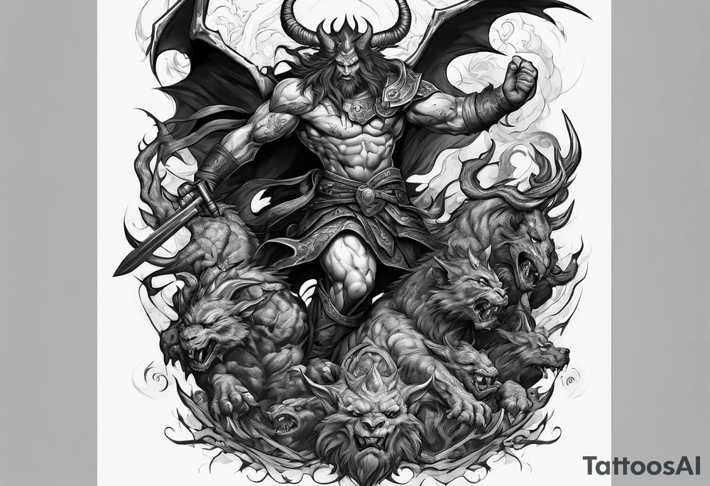 man fighting  demons in a battle field tattoo idea