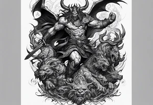 man fighting  demons in a battle field tattoo idea