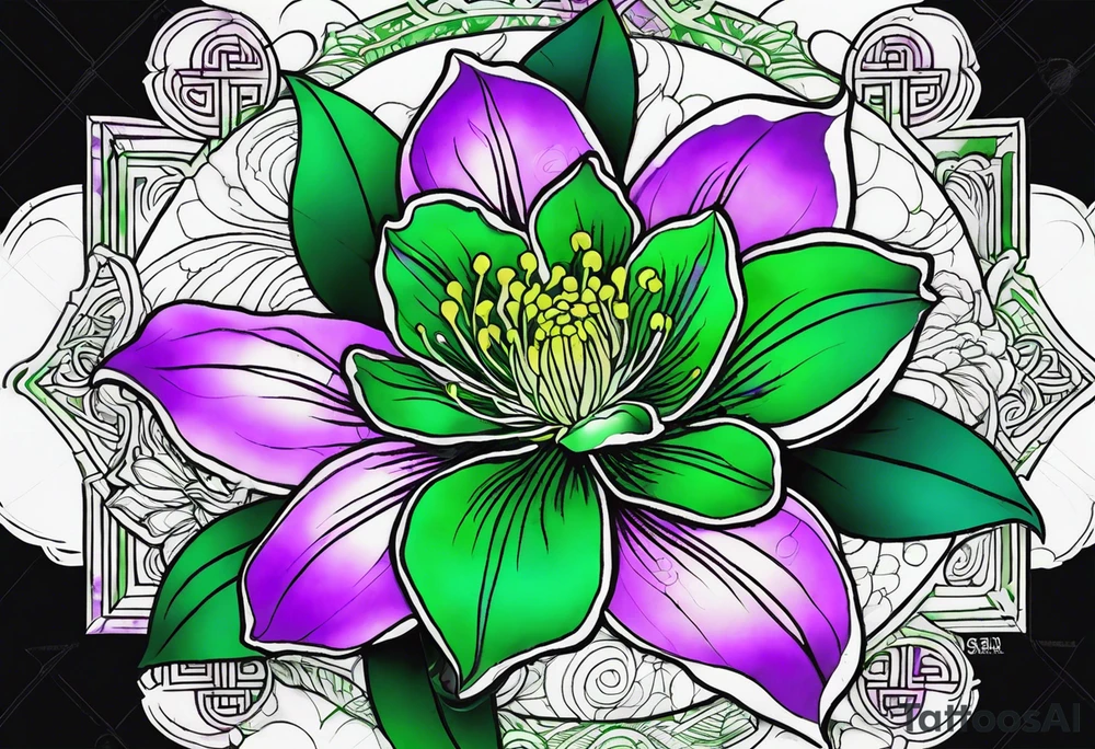 A mystical outline of a green with a bit of purple rio dipladenia flower and a green and purple watercolor splash in the background tattoo idea