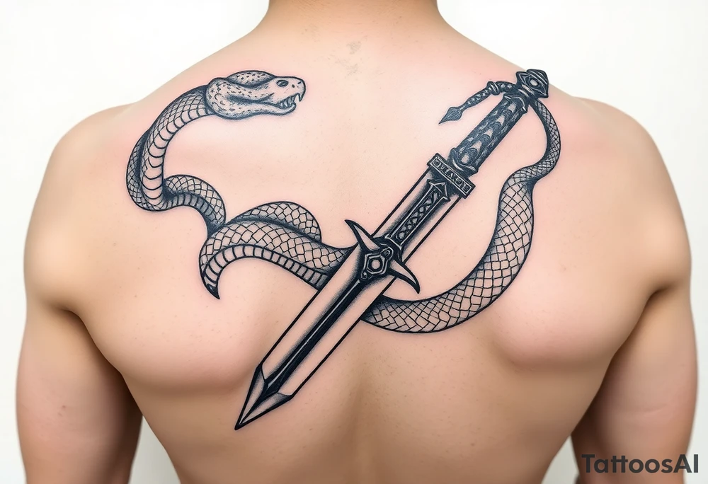 mystical snake coiled around an ancient dagger with jeweled hilt tattoo idea