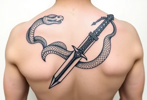 mystical snake coiled around an ancient dagger with jeweled hilt tattoo idea