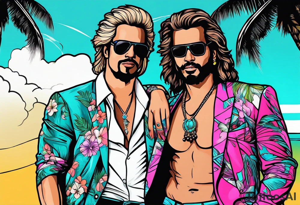 1980's miami vice style beach party, tattoo idea