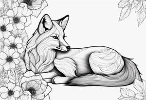 feminin minimalist flowers with fox full body thin line tattoo idea