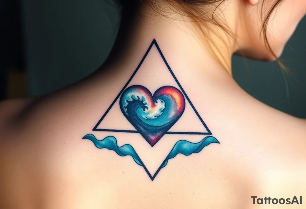 A triangle with a big heart in the center with an ocean theme tattoo idea