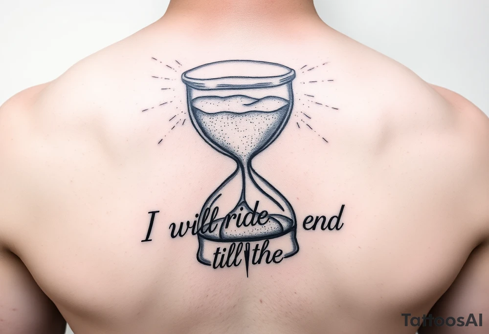 A broken hourglass what the sand transforming into hards with the words I will ride till the end. tattoo idea
