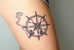 antique compass rose overlaid on weathered world map with sailing ships tattoo idea