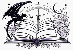 an open fantasy book. a high flying dragon. A fallen pawn piece. a cluster of lavender wrapped around a sword with a bee under book. A tiny raven. Stars and crescent moon tattoo idea