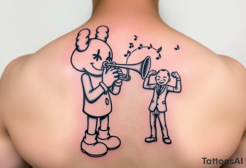 Kaws figure playing mellophone with notes coming out and a smaller kaws figure flexing money tattoo idea