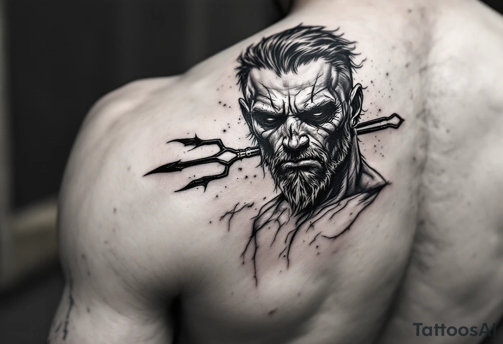 close-up muscular man with trident tattoo idea