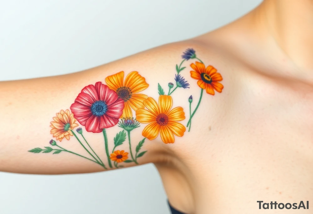 Create an image of an upper arm tattoo (from shoulder cap to just above the elbow) comprised of California poppies, California blackberries, gray’s lupine, marsh marigold, Indian paintbrush, one daisy, and an orange and orange blossom. Use color tattoo idea