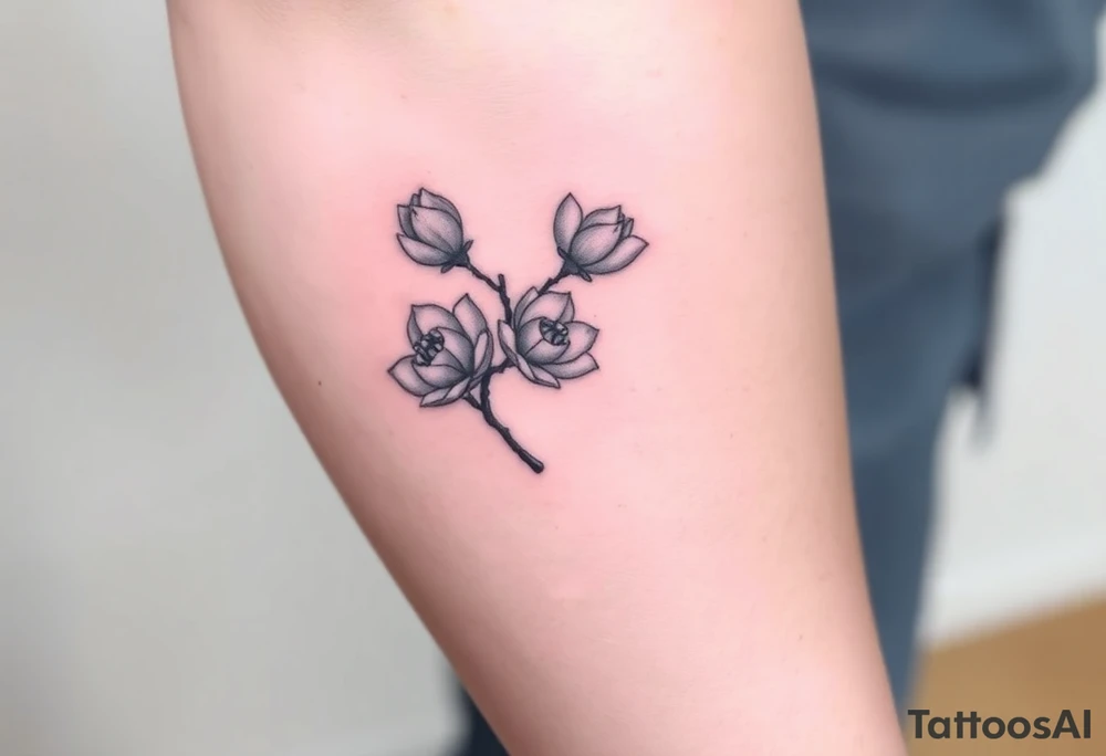 Branch with few magnolia flowers, in different blossom stages tattoo idea