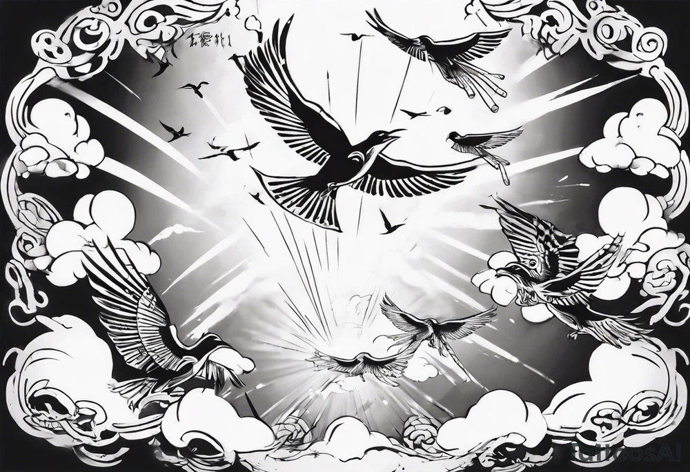 a shoulder tattoo with rays of light, clouds and birds flying free tattoo idea