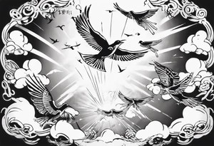 a shoulder tattoo with rays of light, clouds and birds flying free tattoo idea