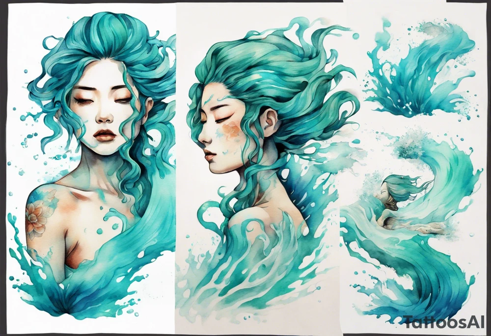 a woman made out of water emerging from the sea, turquoise hair tattoo idea