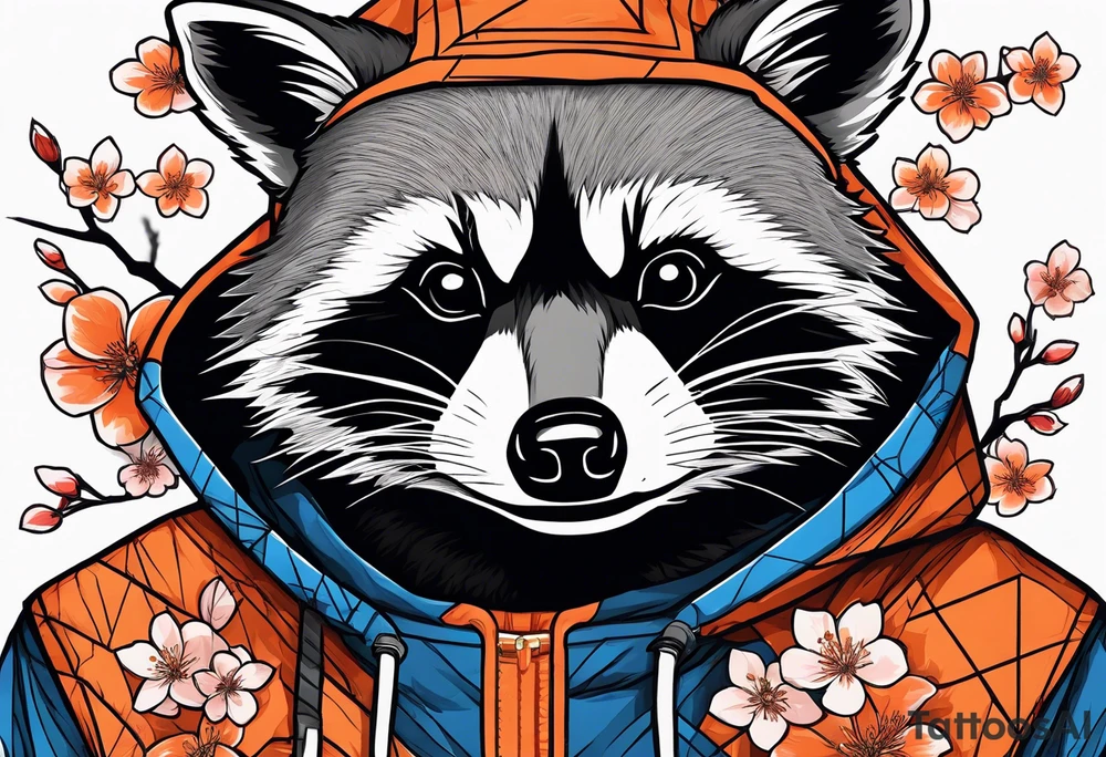 raccoon wearing a black and white Superman hoodie and orange Japanese cherry blossoms tattoo idea