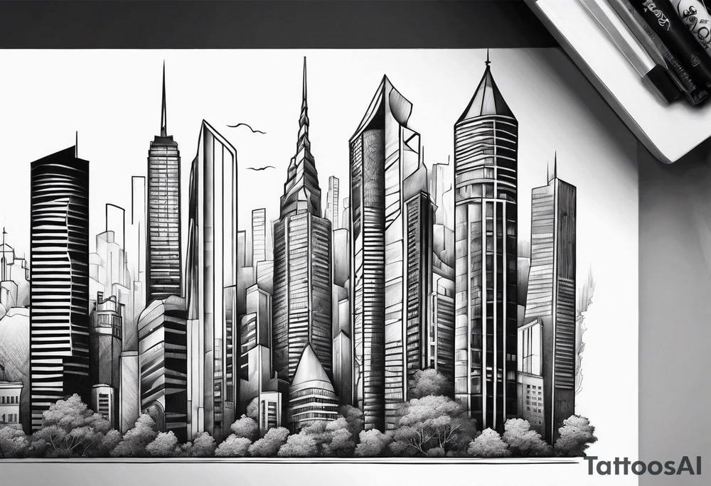 City with tall building leg sleeve tattoo idea