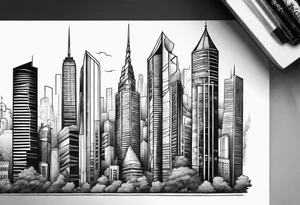 City with tall building leg sleeve tattoo idea