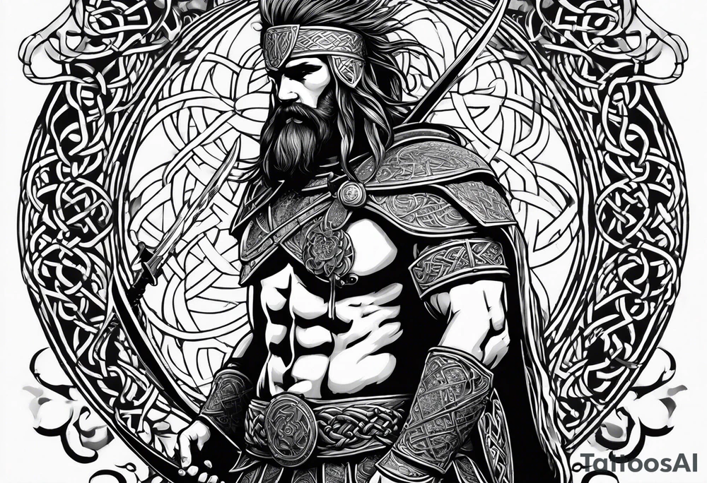 Side facing full body shot of Celtic warrior with weapon unsheathed. tattoo idea