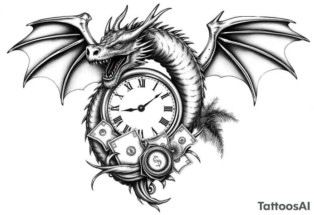 Horror dragon tattoo with clock, dollars and palm tree on background tattoo idea