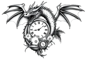 Horror dragon tattoo with clock, dollars and palm tree on background tattoo idea