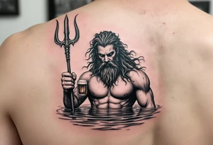 poseidon, with a trident, in calm water, holding a beer tattoo idea