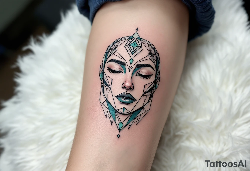 A minimalist design of Caleb from Divergence, depicted with geometric patterns around his face to symbolize intelligence and the mind. The design features teal and green tones, symbolizing his connection to the Abnegation and his scientific nature. Teal, green, black accents. tattoo idea