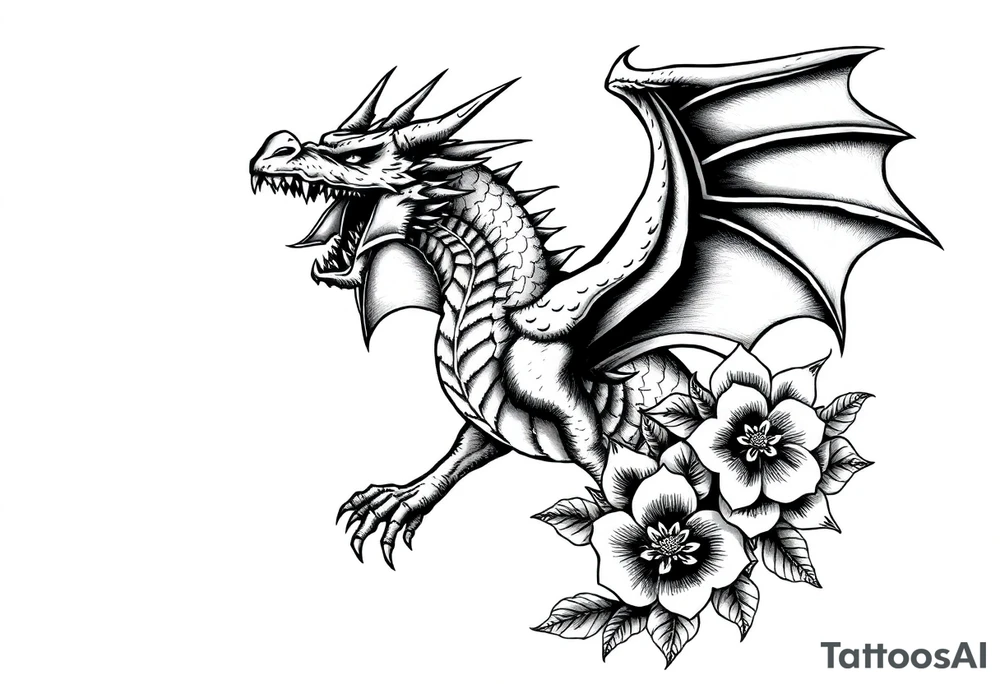 scary dragon with sharp wings and death flowers tattoo idea