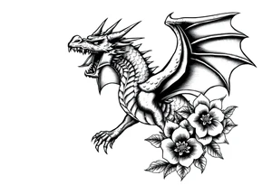 scary dragon with sharp wings and death flowers tattoo idea