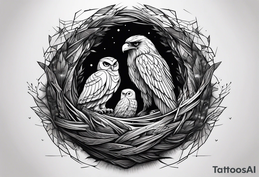 Owl, raven, eagle cuddled in a nest, looking down into the nest tattoo idea