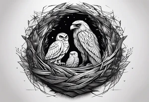 Owl, raven, eagle cuddled in a nest, looking down into the nest tattoo idea