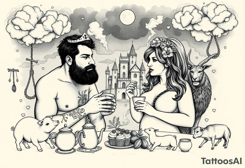 Naked Man and fat woman having sex eating cupcakes and  fruit  having sexy naked fat lady having a tea party with tea pots  with medieval castle  
with mystical  aries a pigs, peacock,  lion, goat, noose and smoking cigerettes looking in the mirror thru storm clouds and broken hearts and darkness and wrath, envy , gluttony, greed, sloth, pride . Gothic tattoo idea