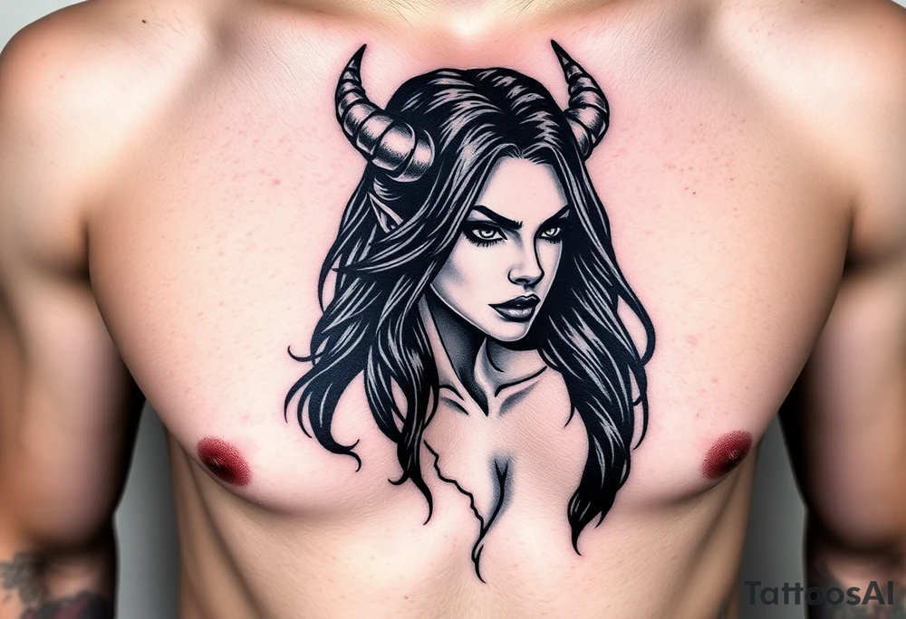 Feminine Tattoo dark female warrior with realistic horns just barley touching collarbone with a lot of shading tattoo idea