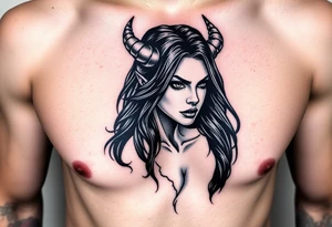 Feminine Tattoo dark female warrior with realistic horns just barley touching collarbone with a lot of shading tattoo idea