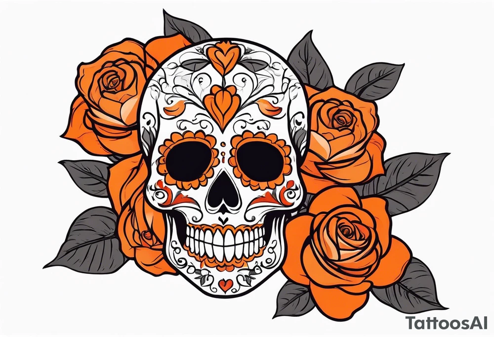 Orange Sugar skull with roses that are orange and red with smoke around it tattoo idea